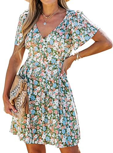 CUPSHE Damen Kleid V Ausschnitt Kurzarm Blümchenmuster Knöpfen Sommerkleid Freizeitkleid Strand Mini Dress