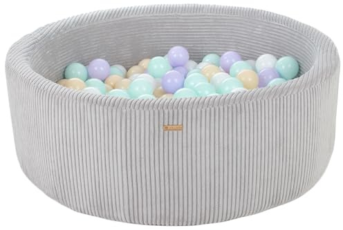 Bällebad Bällepool Bällebecken Spielbecken Kordsamt-Bezug 200 Bälle rund ⌀90 cm (Farbe des Pools/der Bälle: grau/weiß, violett, cappuccinofarben, mint)