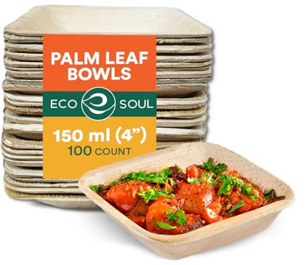 ECO SOUL 100 Disposable Palm Leaf Mini Bowls, 4 (5oz) 150ml, Square Compostable Dessert Bamboo Bowl | Sturdy Eco Friendly, Biodegradable Heavy-Duty Bamboo Salad Bowl for Hot & Cold Food