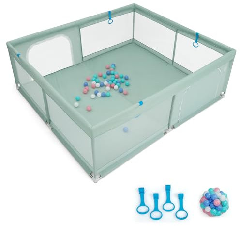DREAMADE Laufstall Baby, 200 X 180cm Laufgitter mit 50 Bällen & 4 Griffen & Tragetasche, Faltbares Krabbelgitter mit Atmungsaktivem Netz, für Baby & Kleinkinder 0-36 Monate (Grün)