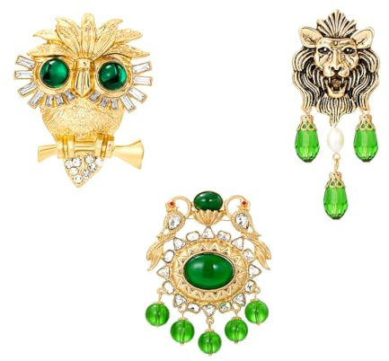 Glitter Strass Broschen Vintage Smaragdgrüne Eulenbrosche Löwennadel Mit Quaste Ansteckblume Schalschnalle Accessoires 3Er Set