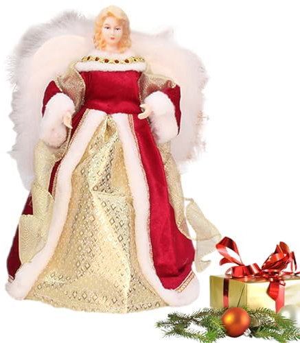 Aizuoni Weihnachtsbaumspitze Engel - Weiße Federflügel Elegante Weihnachtsengelpuppe | 7,08-Zoll-zarte Engelsstatue, Baumspitze Für Innenbüro-Baumschmuck Batteriebetriebe LED Beleuchtete Baum