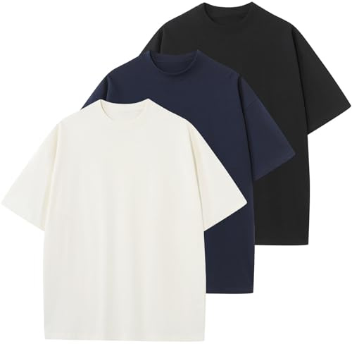 KEEPSHOWING Men's Oversized T-Shirts Cotton Unisex Short Sleeve Tshirts Crew Neck Loose Basic Tops Solid Athletic Tee(WT+NV+BK L)