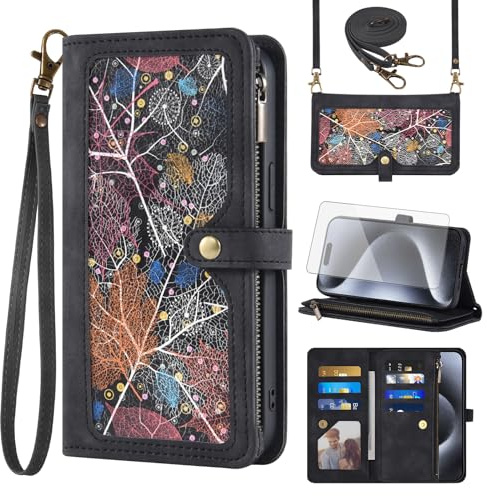 Phone Case for iPhone 15 Pro 6.1 inch Wallet Cover With Screen Protector and Crossbody Wrist Strap Leather Flip Pattern Zipper Credit Card Holder Cell iPhone15Pro 5G i i-Phone i15 iPhone15 15Pro Black