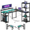 ODK Mesa Gaming Escritorio Gaming 137x140cm, Escritorio Esquinero En L con LED & 2 Enchufes, Estantería Integrada + Soporte Monitor Ajustable, Diseño Ergonómico para Gamers(Negro)