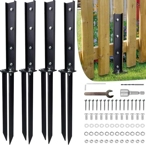 YSaekYeo 4 Pack Fence Post Repair Kit， Fence Post Anchor Kit, Heavy Duty Steel Fence Post Repair Stakes, Fence Post Anchor Ground Spike for Repairing Tilted Broken Wooden Fence Post, Black