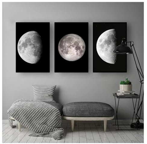 NXMYDBD Phasenwechsel auf Leinwand, Gemälde, Astronomie, Satellit, Heimdekoration, Schlafzimmer, Dekoration, abstraktes Mond-Poster, Drucke, Mond, 30x50cm (12x20 Zoll), 3xungerahmt