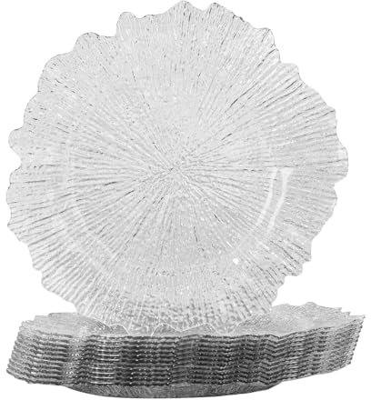 MAONAME Transparente Platzteller, runde Riff-Ladegeräte für Speiseteller, Kunststoffteller für Tischdekoration, Hochzeitsdekoration, 12 Stück