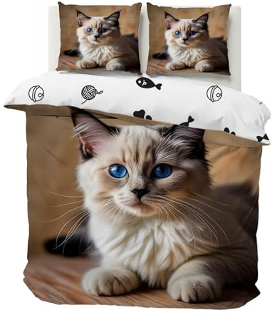 dyausi Bettwäsche 135x200 Katze Ragdoll Bettwäsche-Sets Weiche Microfaser Wende Bettbezug 135 x 200 3D Tier und 2 Kissenbezug 80x80 cm mit Reißverschluss (Braun)