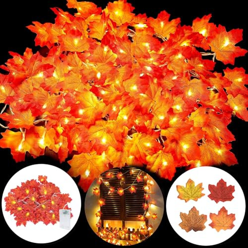 Lichterkette Herbst Deko mit 50 Stk Ahornblätter, 3m 20 Led Herbstdeko Ahornblatt Lichterketten, Herbst Dekoration Aesthetic,Autumn Decor Herbst Lichterkette,Herbst Girlande für Thanksgiving,Halloween