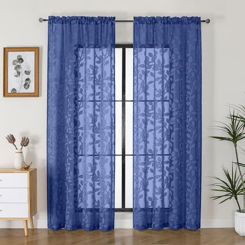 OVZME Dusty Blue Sheer Curtains 84 inches Long 2 Panels for Living Room, Jacquard Clip Leaf Pattern Textured Light Filtering Window Semi Sheer Voile Drapes for Bedroom, Each Panel 42 x 84 Inch