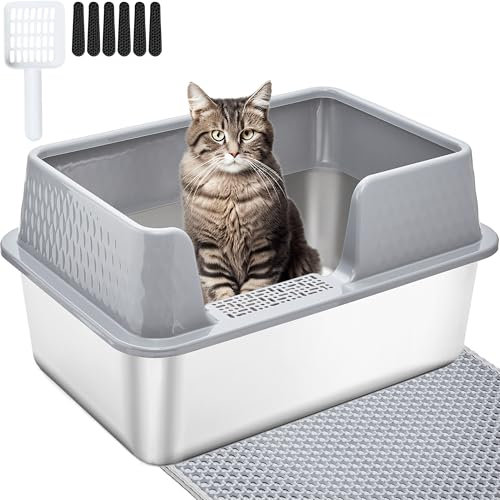 Vealind Stainless Steel Litter Box Metal Cat Litter Tray Heavy Duty, High Sided Cat Litter Tray with Detachable Rim Enclosure Sturdy Durable Large Kitty Litter Pan