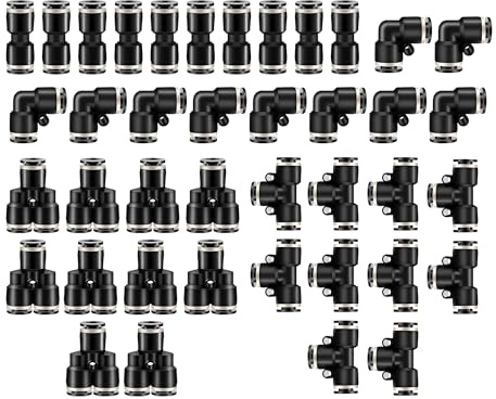 HUAZIZ 40 pcs Noir Raccords Rapides pneumatiques, Raccords Rapides Pneumatiques Tuyau Pneumatique Connecteur 4 Formes, Droits Type/Coudés Type/Y Type/T Type/Combo Connecteur Pneumatique(6mm)