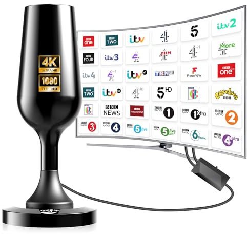 TV Aerial, Freeview Indoor TV Aerial with 560+ Miles Range 360° Reception, TV Antenna Indoor with Signal Booster & Magnetic Support Base, Support 4K 1080P VHF/UHF/DAB Radio and All TV