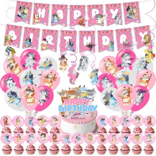 50 Stück Blue Party Deko Geburtstag, Rosa Dog Kindergeburtstag Deko DIY Zubehör für Geburtstag Dekoration–18 Luftballons, 25 Cake Toppers, 1 Happy Birthday Banner, 6 Hängende Wirbel für Kinder Party