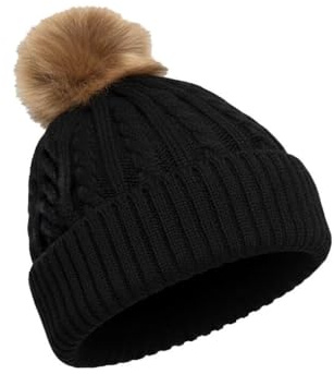 A2Z Dam Mössor Flätmönster Stickade Bobble Pom Pom Mössa - Hat LH838 Black One Size