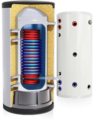 TECHGLOBE - Acumulador de agua caliente - 2 intercambiadores de calor (1,8 + 2,4 m²) - acer inoxidable - bajo consumo energético - aislamiento de 50 mm - Termo vertical (200 L)