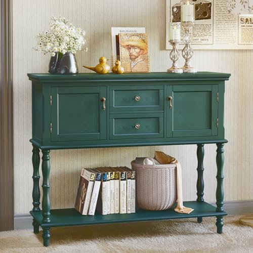MROJISC Konsolentisch mit Schubladen und Stauschrank, Holz Grün Konsolentisch Schmal mit Schublade Konsolentische fürs Wohnzimmer, Eingang, Hausflur, Schlafzimmer