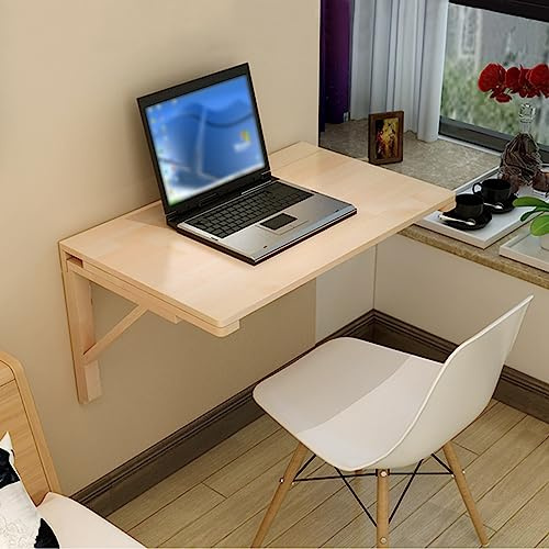 WLCNYL Solid Wood Fold Down Wall Mounted Desk with Small Space Saving Folding Hanging Shelves and Support Floating Drop Leaf Desk for Kitchen Dining Outdoor Garden Corner Design (L110xW60cm)