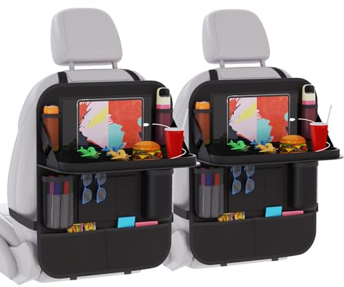 Boolico 2 Stück Rückenlehnenschutz, Autositz Organizer Kinder mit Klapptisch, Oxford Tuch verhindern Kick Auto Rücksitz Veranstalter, Auto Reisezubehör Tablet Tasche und 10 Taschen