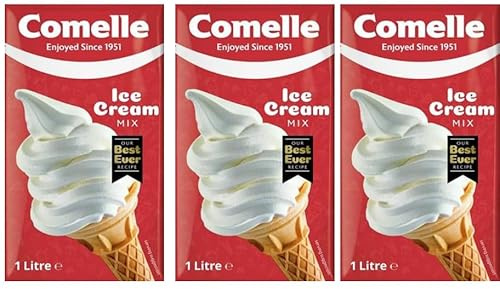 Comelle Ice Cream Mix Vanilla Soft Serve | Instant Ready to Freeze | UHT | Long Life Dairy Skimmed Milk | Sundea Mousse Dessert Shake | (With Lucky Boy Greetings Card) (3x1Lt)