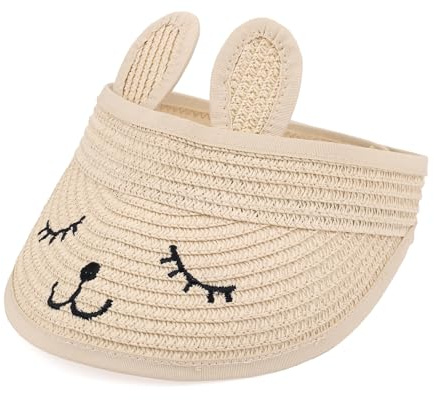 lasuroa Cappello Sole Paglia Bambini Piccoli, Cappello Sole Paglia Regolabile Bambini Visiera a Tesa Larga Forma Coniglietto per attività Estive in Spiaggia e All'Aperto per Neonati Ragazzi Bambine