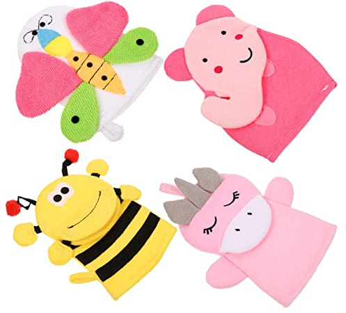 FRCOLOR Kinder Badehandschuhe 4 Stück Cartoon Motiv Weiche Peelinghandschuhe Für Sanfte Körpermassage Und Reinigung