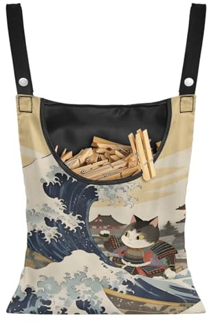 Buxolandt Clothes Peg Bags for Washing line Japanese Samurai Print Waterproof Peg Bag with Shoulder Strap for Ease of Home Storage