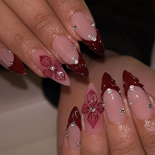 BelleFlair 24 Stücke Künstliche Nägel Mandel Mittellang, Rote French Tip Press on Nails mit 3D Blumen Design, Glänzende Fingernägel zum Aufkleben für Frauen