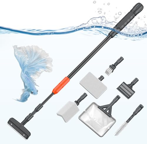 Pawfly Aquarium Cleaning Tools, 7 in 1 Fish Tank Cleaning Kit, Algae Scraper, Sponge Scrubber Pad, Brush, Gravel Rake & Fish Net with Adjustable Long Handle, Fish Tank Cleaner Set