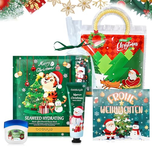 5 unidades de regalos de Navidad pequeño kit con bálsamo labial, máscaras faciales, crema de manos de Navidad, tarjetas de Navidad y bolsas de almacenamiento, regalos de Navidad para mujeres y niñas