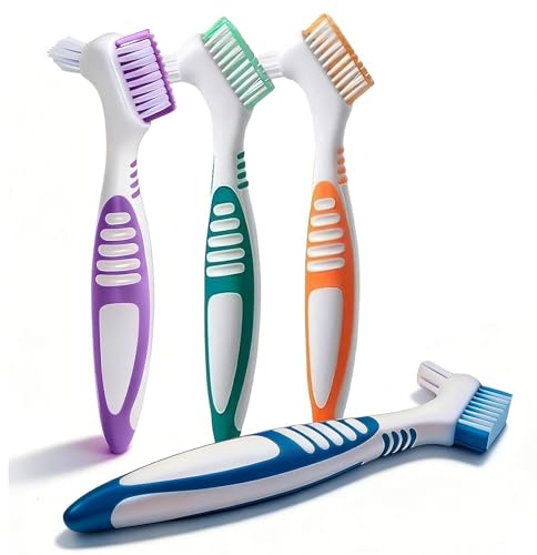 4 Pcs Denture Brush Set, Portable Retainer Cleaning Toothbrush with Double Bristle Head, Retainer & Denture Toothbrush for Oral Care for Cleaning False Teeth, Mouth Guards（Multicolor）