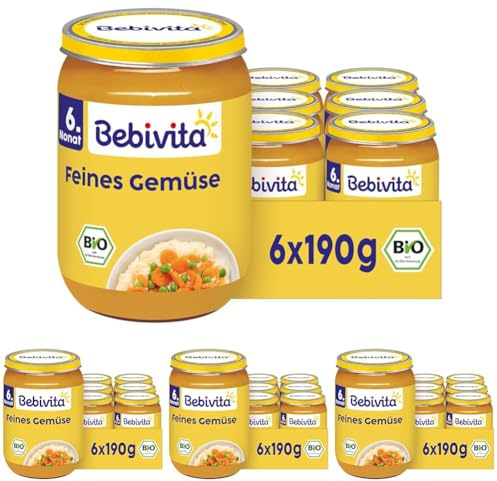 Bebivita Bio Feines Gemüse (6 x 190g), ab 6. Monat, ohne Salzzusatz, das Gemüse-Gläschen ideal zum Beikost-Start (Packung mit 4)