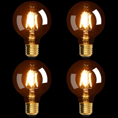 Terafeels 4 Stück Edison Vintage LED Glühbirne E27, G80, 4W, Gerader Glühfaden, 2200K warmes Gelblicht, Bernsteinfarbenes Glas, Dimmbare LED Lampe E27 Leuchtmittel