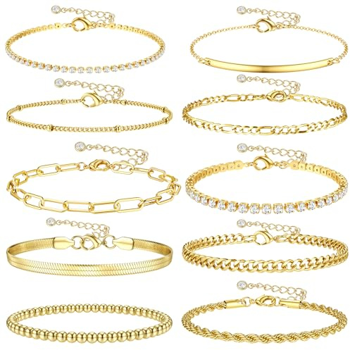 Dochais 10 Stück Gold Armband Damen, Verstellbare Armbänder für Damen Mädchen, Edelstahl Armband Boho Armreifen Modeschmuck, Büroklammer Ketten Zirkoniumdioxid Bracelets (10 Pcs)