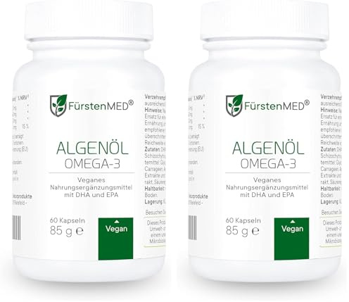 FürstenMED® Omega 3 Algenöl Kapseln Hochdosiert mit 620mg DHA und 350mg EPA pro Tagesdosis + Vitamin E, Omega 3 Vegan, 60 Softgel-Kapseln, Laborgeprüft & Ohne unerwünschte Zusatzstoffe (Packung mit 2)