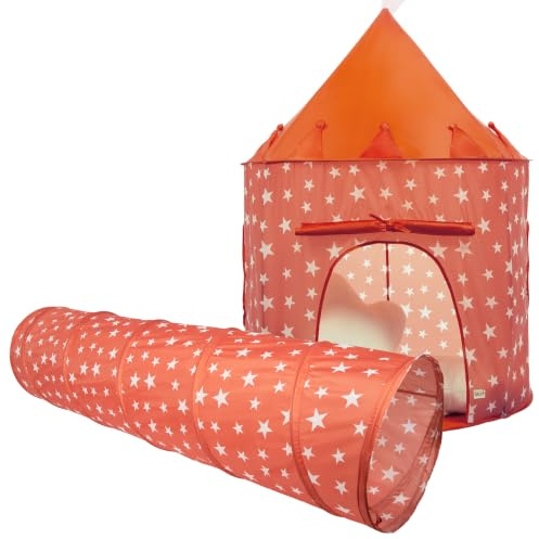 Relsy Burnt Orange Tunnel & Play Tent For Kids Bundle, Indoor/Outdoor Playhouse Foldable Play Tent For Children With 180cm Pop-Up Tunnel, Ball Pit & Garden Toys, Warm Terracotta Star Design