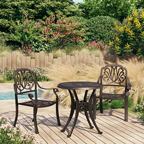 YunCangg 3-TLG. Bistro-set i gjuten aluminium, bronsfärgad, trädgårdsmöbelset med 2 stolar och bord, väderbeständigt för terrass, balkong, veranda, utomhus, matgrupp med paraplyhål för avslappnad