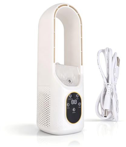 HERCHR Ventilador mesa sin aspas con nebulizador, ventilador mesa silencioso con 6 velocidades luz LED 5 colores con temporizador enfriador aire alimentado por USB para Interiores