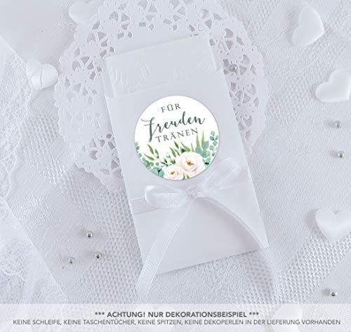 Freuden Tränen Taschentücher Set zur Hochzeit Groß 48 Sticker + 48 weiße Flachbeutel 63 x 93 mm Freudentränen Taschentuch Verpackung GRÜN WEIß BOHO HIPPIE ROSEN EUKALYPTUS BLÄTTER ZWEIGE