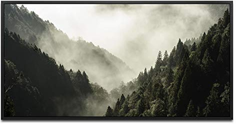 Wald mit Nebel ca. 130x70cm Wandbild inklusive Schattenfugenrahmen schwarz - Panorama Leinwand Bild XXL Format Wandbilder Wohnzimmer Wohnung Deko Kunstdrucke