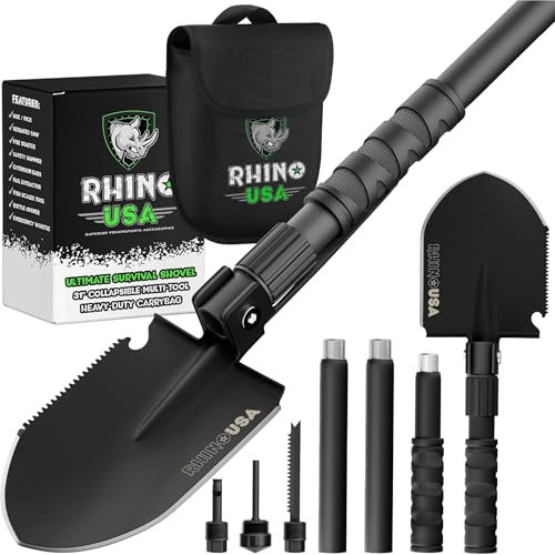 Pala di Sopravvivenza Pieghevole Rhino USA con Piccone – Robusta pala in Acciaio per Apiaggia, Campeggio e Giardinaggio. Strumento Tattico da Zaino per Terreno, Sabbia, Fango e Neve!