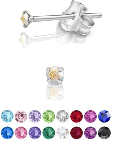 Pendientes de Botón Plata Ley 925 on Cristales Brillantes Aurora Boreal - Pendientes Pequeños Mujer Plata 925 - Punto de Luz Hipoalergénicos sin Niquel - Diámetro 2 mm