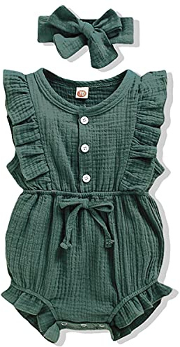 Renotemy Infant Romper Baby Girl Cotton Linen Outfits Short Sleeve Jumpsuits One-Piece Bodysuit Baby Girl Clothes 3-6 Months