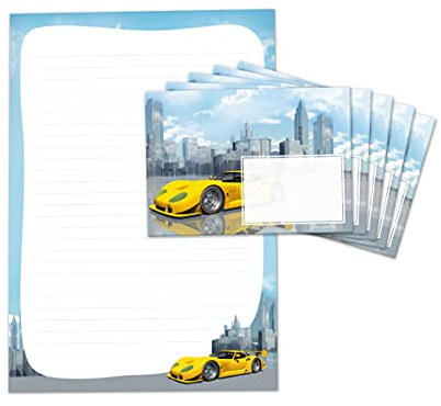 Briefpapier-Set für Kinder Rennauto Auto Briefblock liniert mit Umschlägen Umschlag Jungen Jungs (Block A4 mit 25 Blätter + 15 Umschläge)