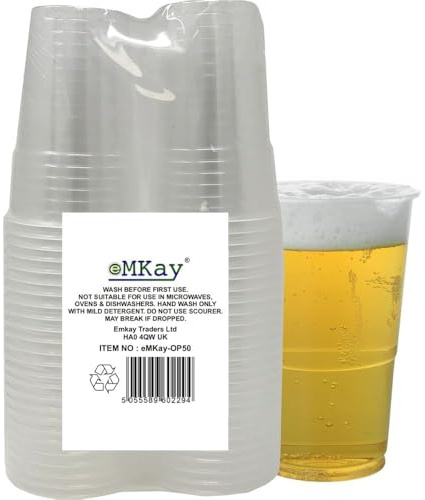 eMKay® Pack of 50 Strong Plastic One Pint Glasses Disposable Reusable Beer Cups Great for Party's and All Types of Events and Celebrations 660ml…