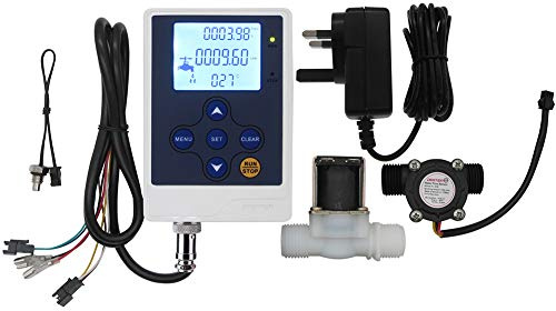 Wasserdurchflussmesser, LCD-Display, Controller + G1/2 Zoll Wasserhall-Sensor, Durchflussmesser, Zähler 1–30 l/min + G1/2 Zoll Magnetventil, normalerweise geschlossen, N/C + DC 12 V Netzadapter