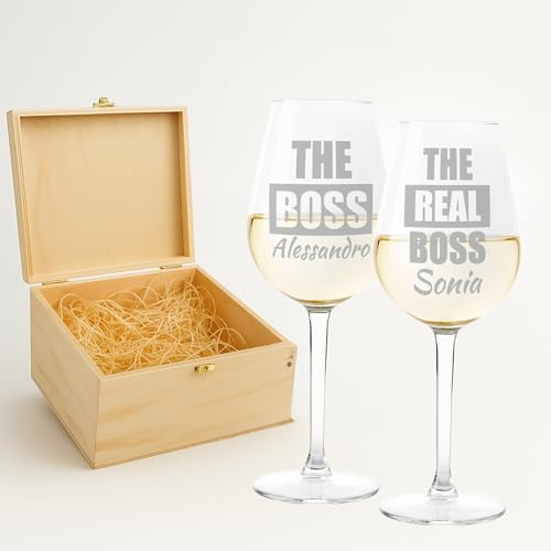 fashwork - Coppia Calici Vino Personalizzabili The Boss, Calici Personalizzati da 50 cl, bicchieri vino rosso o prosecco - Idee Regalo Anniversario, Regalo Matrimonio e scegli la scatola regalo