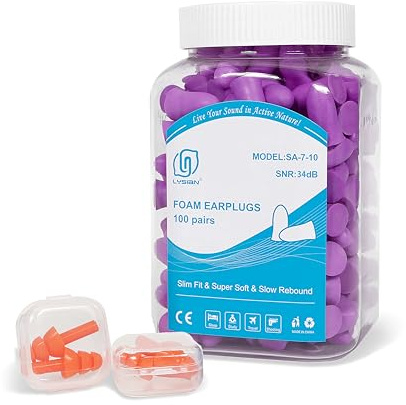 LYSIAN Slim Size Foam Ear Plugs for Small Ear Canals Women, Kids, 100 Pairs, 35dB SNR Noise Canceling Earplugs for Sleeping, Work and Study (Purple)
