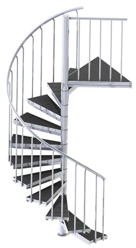 Außenspindeltreppe Scarvo M verzinkt, Geschosshöhe: 414-431 cm, 22 Stufen und Podest, Durchmesser: 130 cm, Stufenbelag: WPC-Belag, Stahltreppe